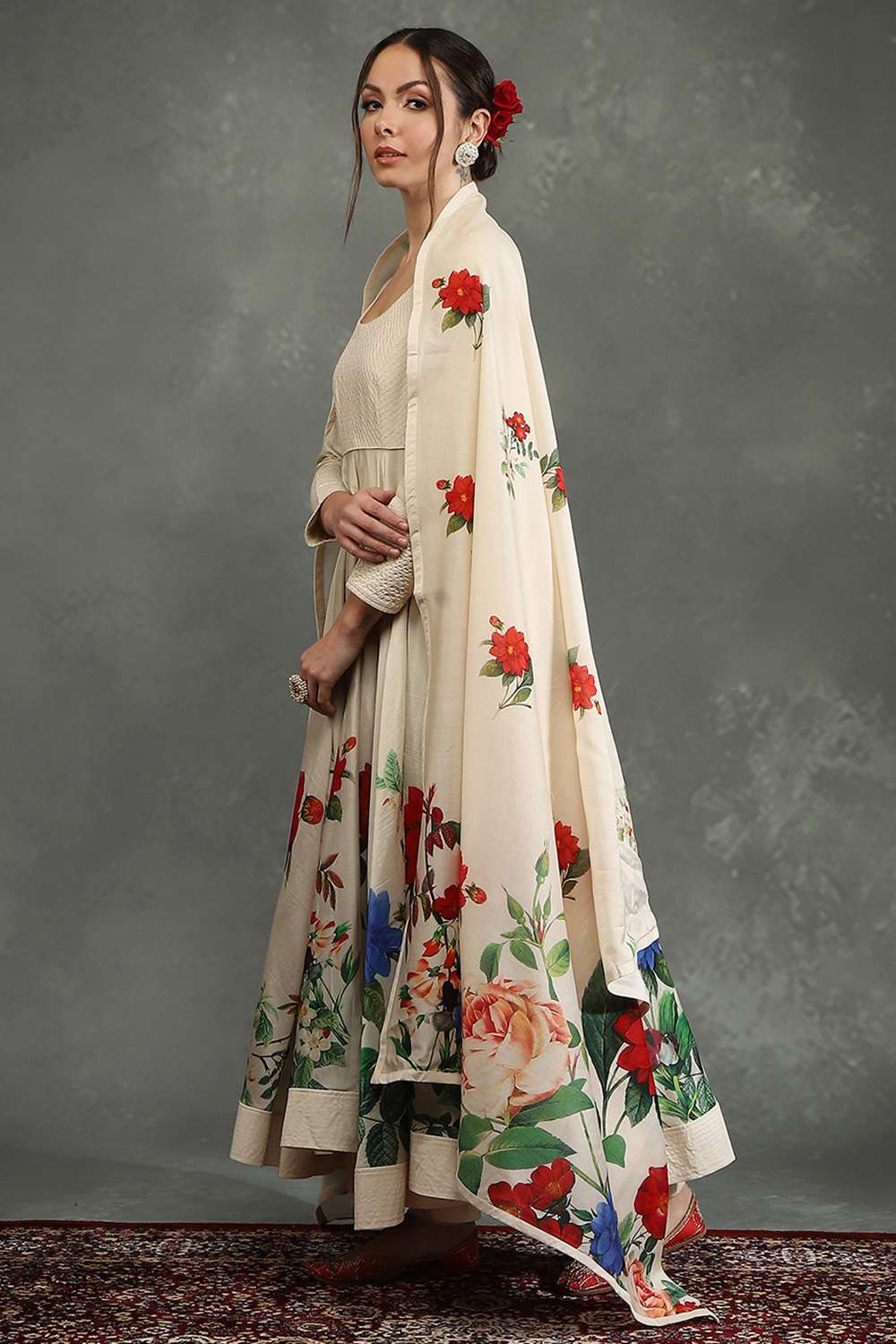 Rohit Bal Off-White Silk Chanderi Floral Anarkali Suit Set image number 3