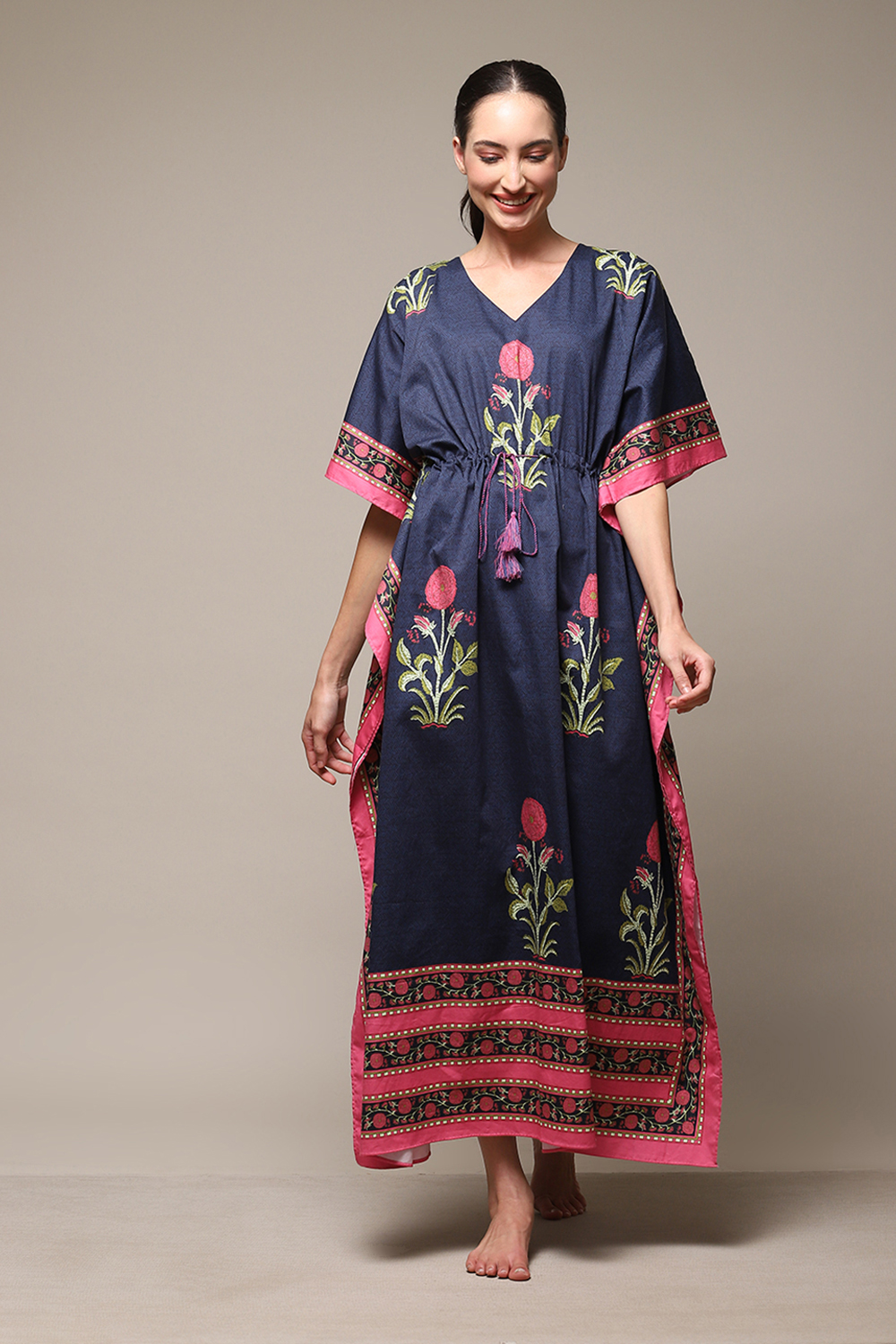 Indigo Pink Cotton Printed Kaftan image number 5