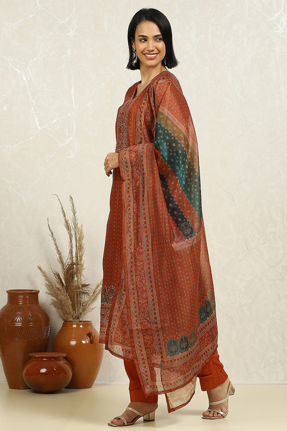 Blue Chanderi Floral Printed Unstitched Suit Set image number 4