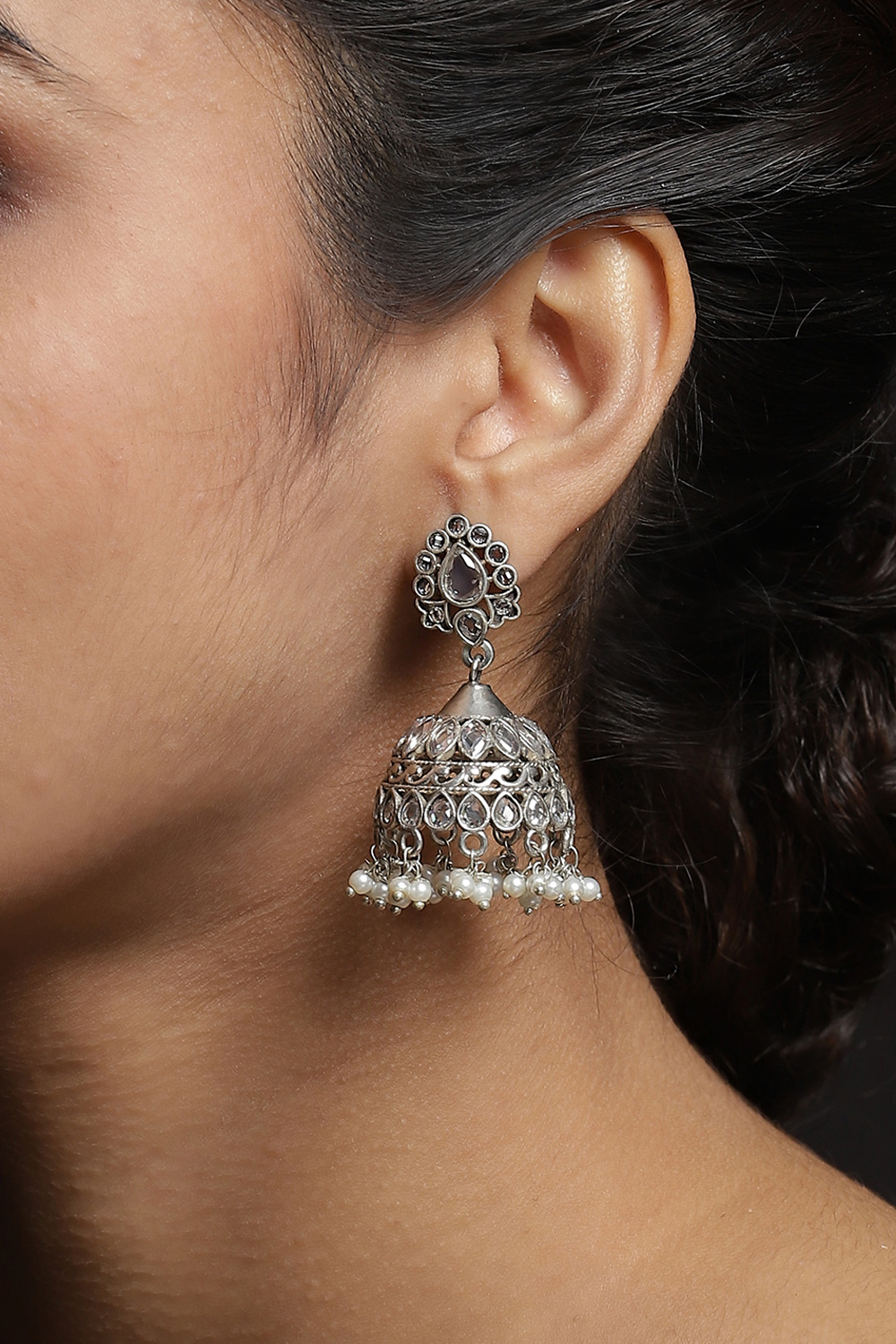 White Silver Oxidised Jhumkis image number 3