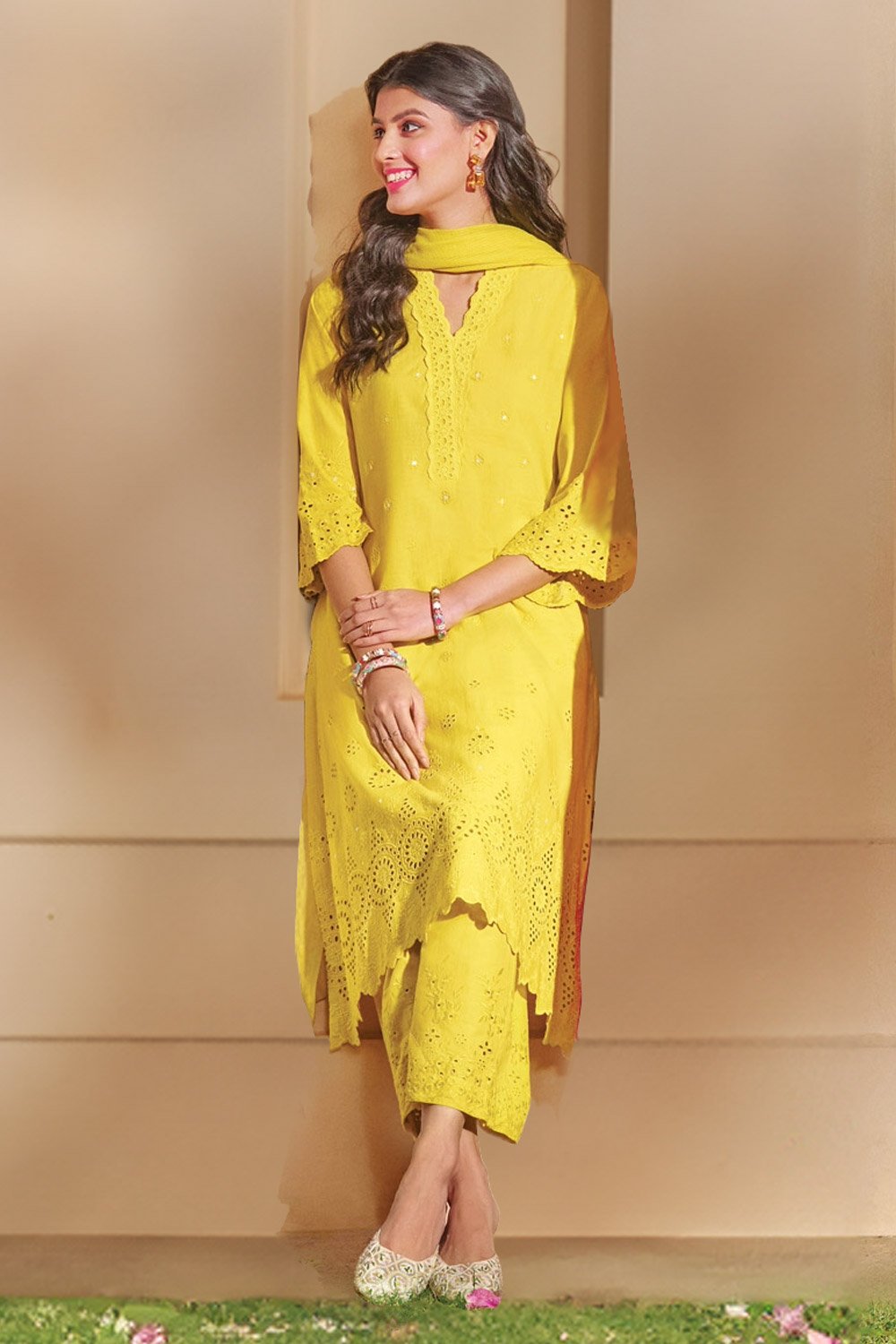 Lime Yellow Cotton Straight  Suit Set image number 7