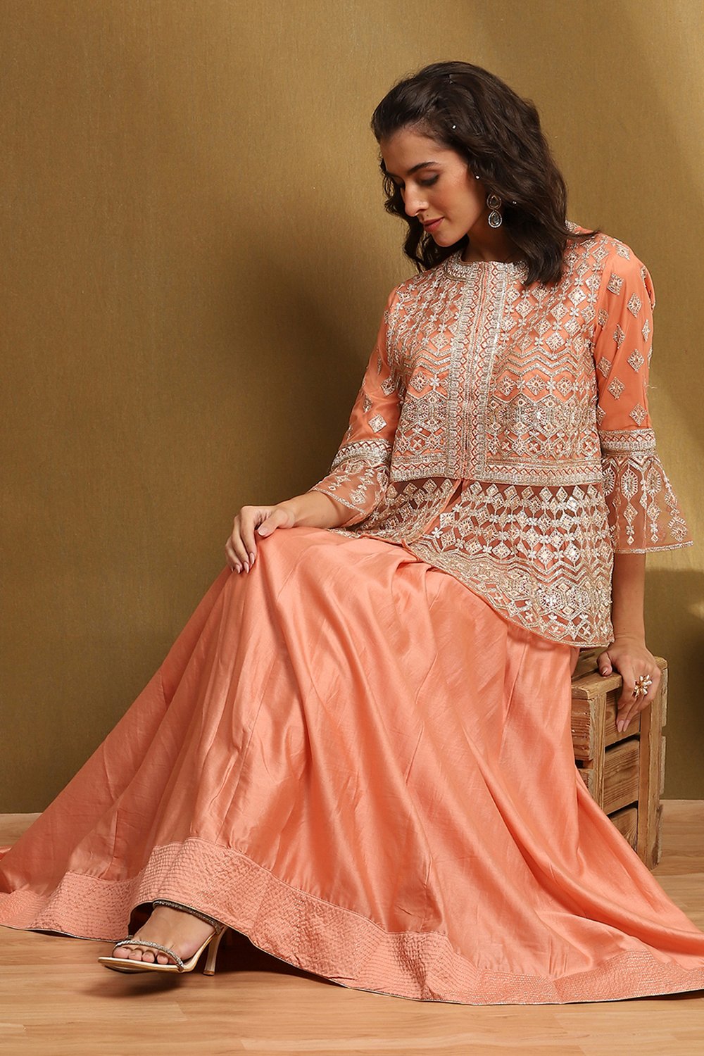 Peach Net Embroidered Peplum Kurta Lehenga Set image number 7