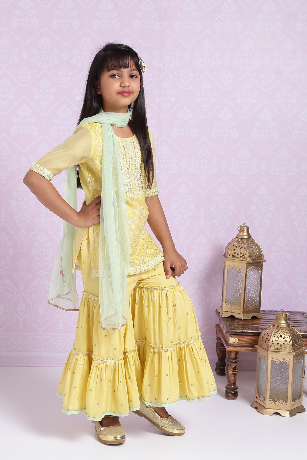 Yellow Polyester Straight Kurta Sharara Suit Set image number 2