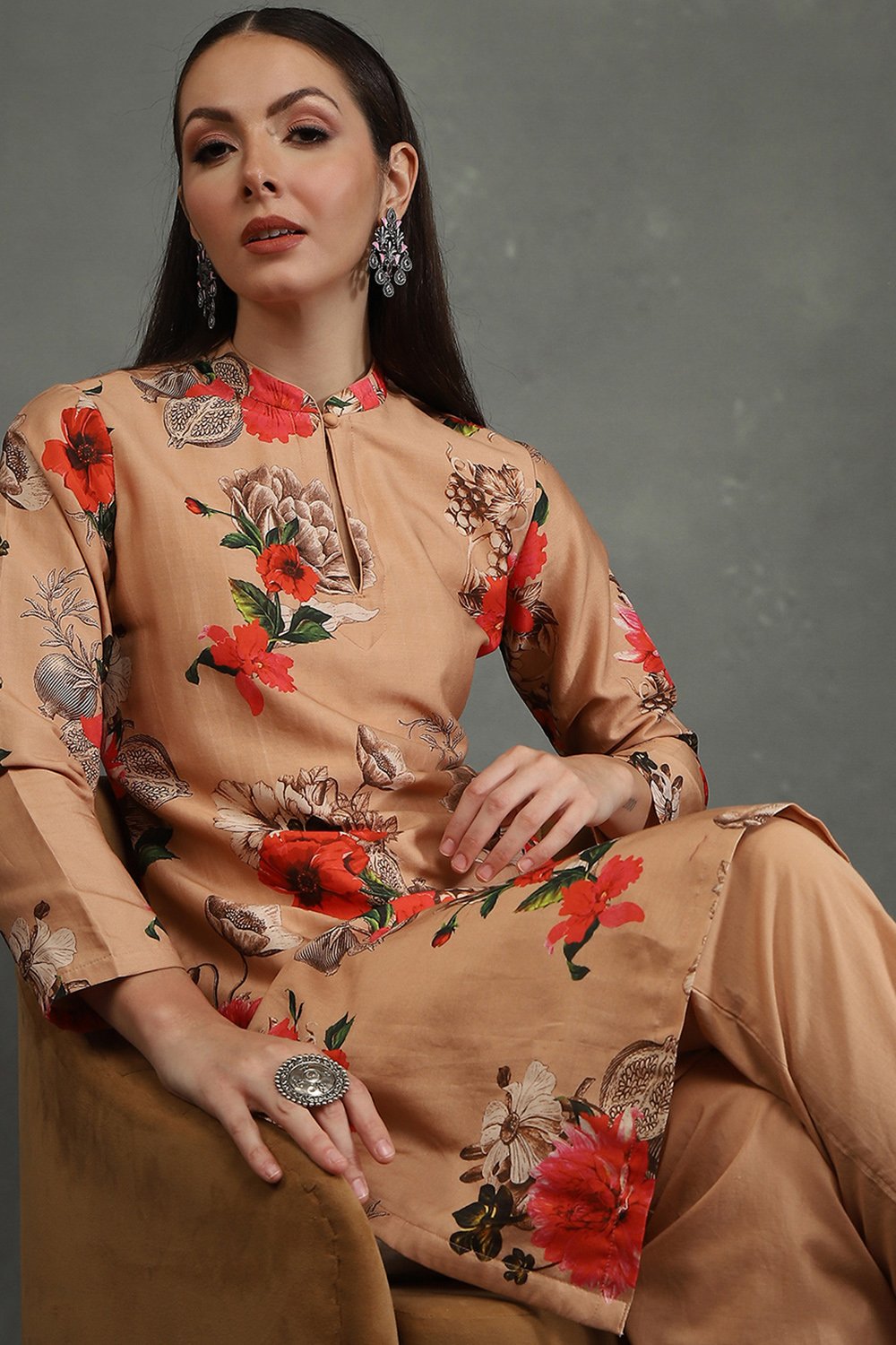 Rohit Bal Peach-Toned Silk Chanderi Floral Printed Straight Kurta Set image number 0