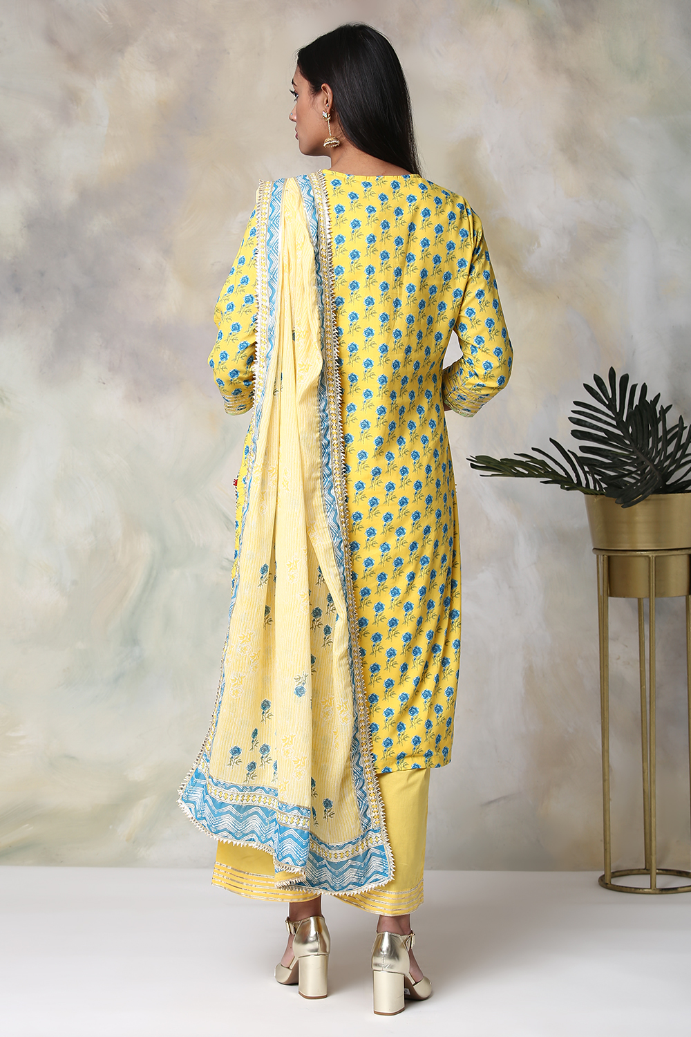 Yellow Cotton Straight Kurta Palazzo Suit Set image number 9