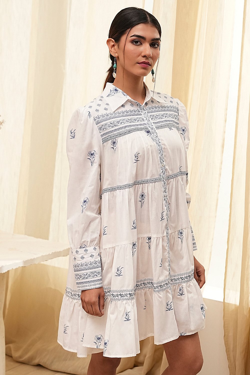 Off-White-Blue Cotton Tiered Printed Dress image number 1