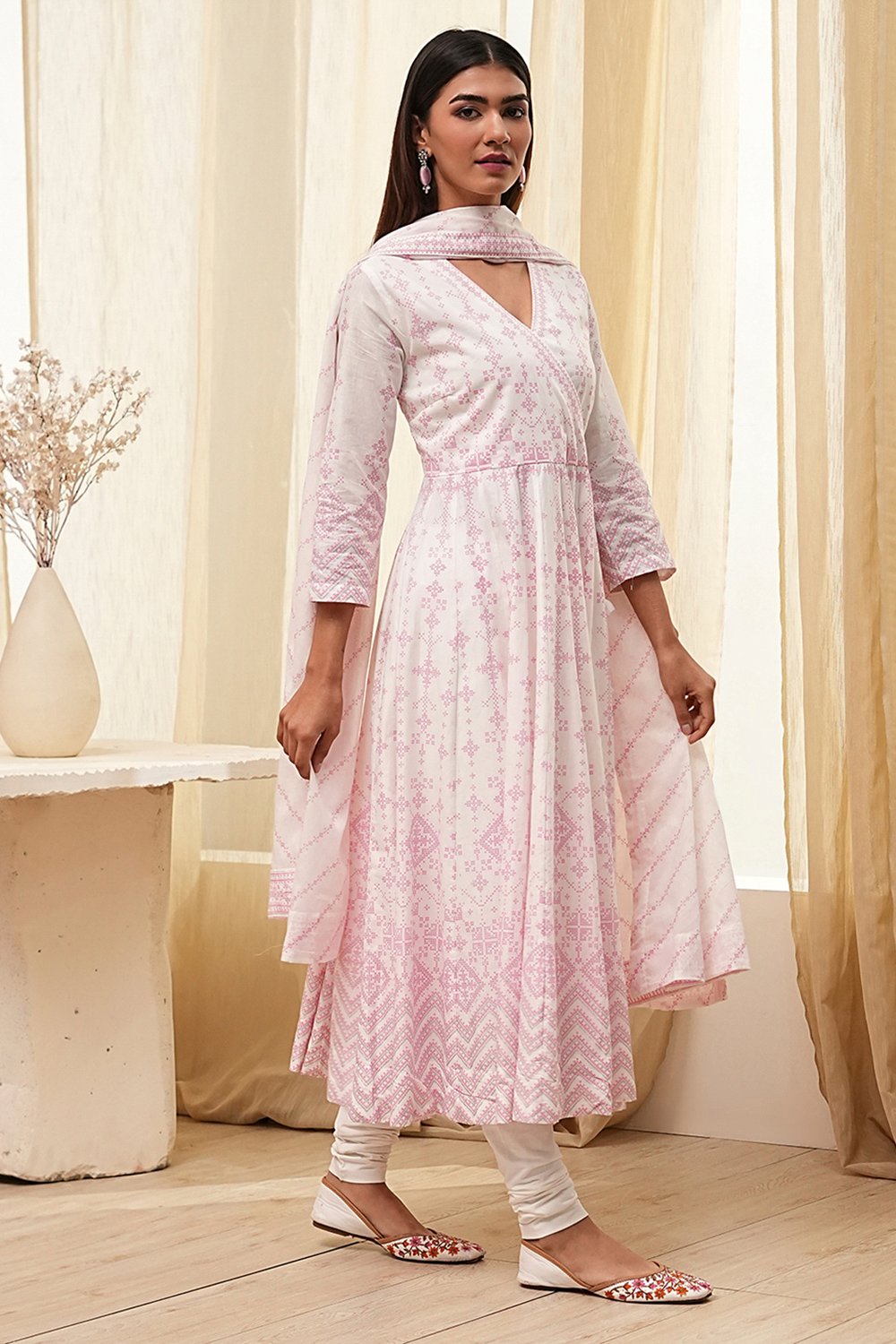 Off-White and Pink Cotton Anarkali Suit Set image number 5