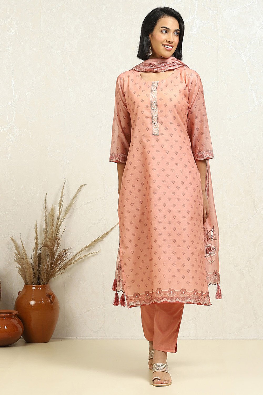 Light Green Chanderi Floral Printed Unstitched Suit Set image number 7