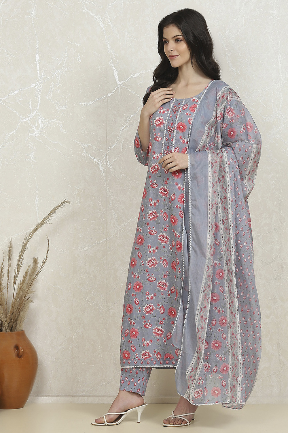 Grey Cotton Printed Unstitched Suit Set image number 4