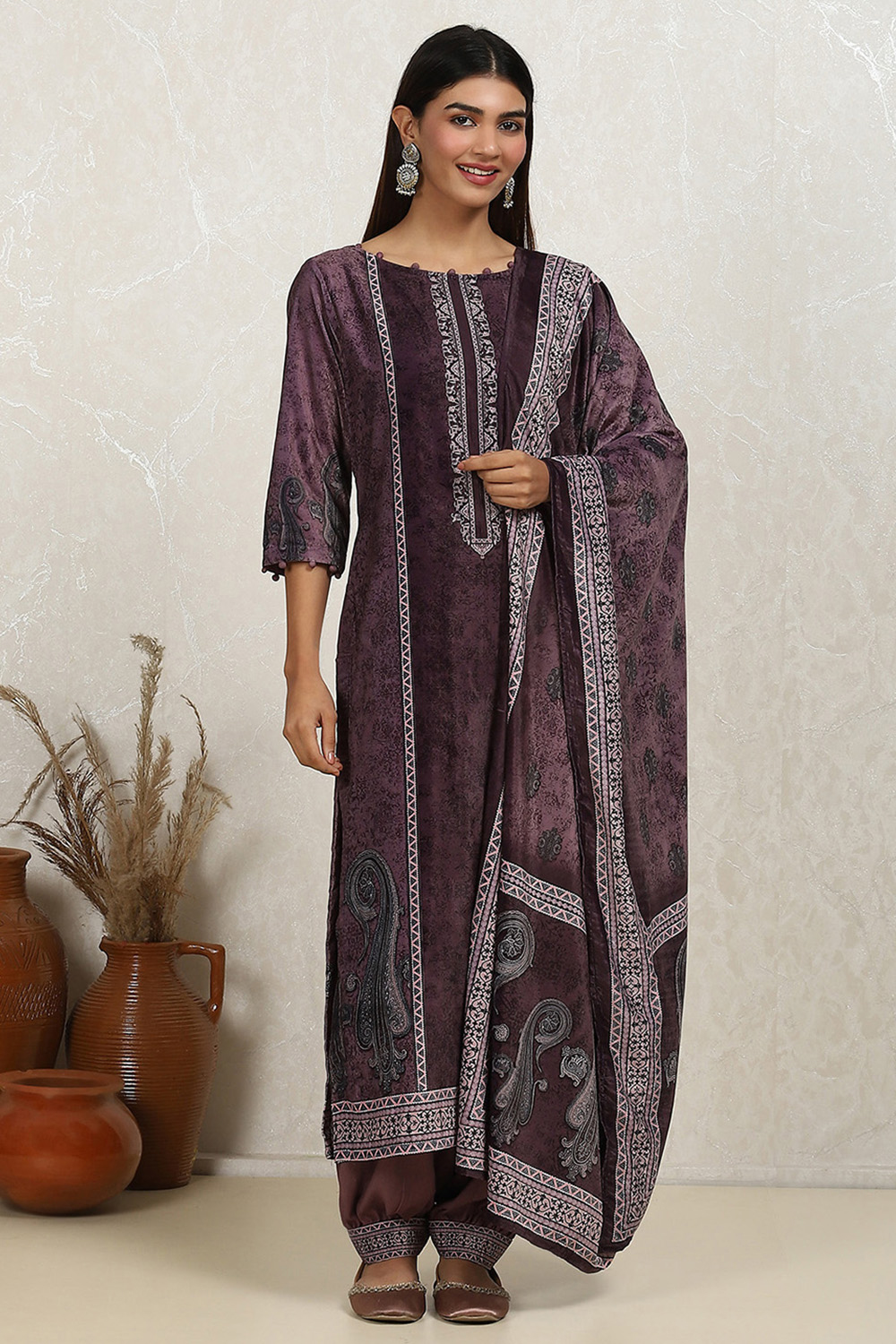 Brown Velvet Digital Print Unstitched Suit Set image number 7