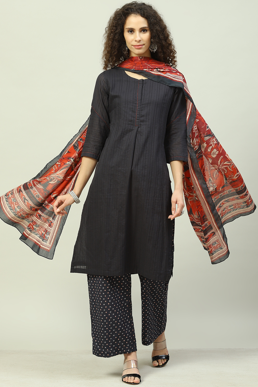 Black Cotton Straight Kurta Palazzo Suit Set image number 0