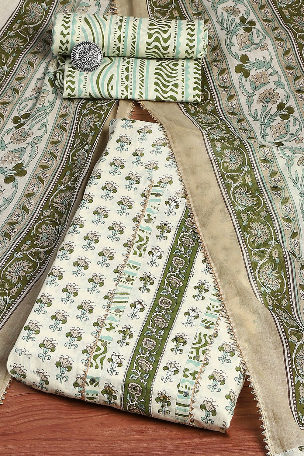 White and Green Cotton Printed Unstitched Suit Set image number 0