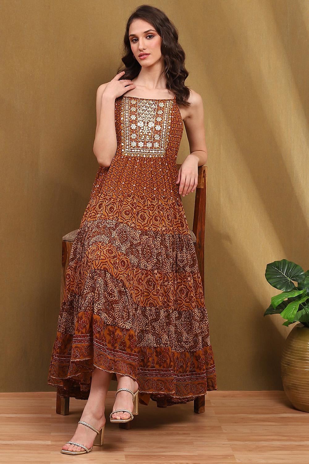 Beige Georgette Block Printed Strappy Flared Tiered Dress image number 0