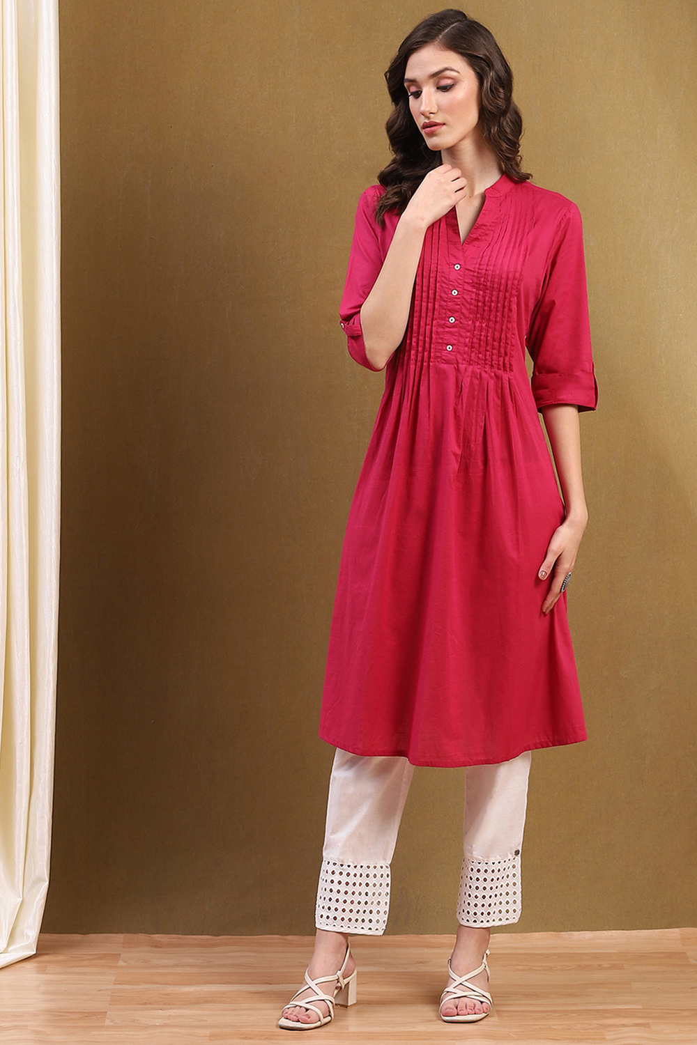 Pink Cotton Solid Pleated A-Line Kurta image number 0