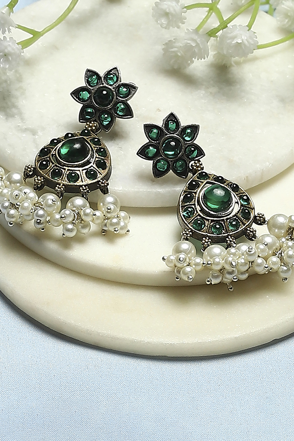 Green Oxidised Stone Studded Tear Drop Danglers image number 0