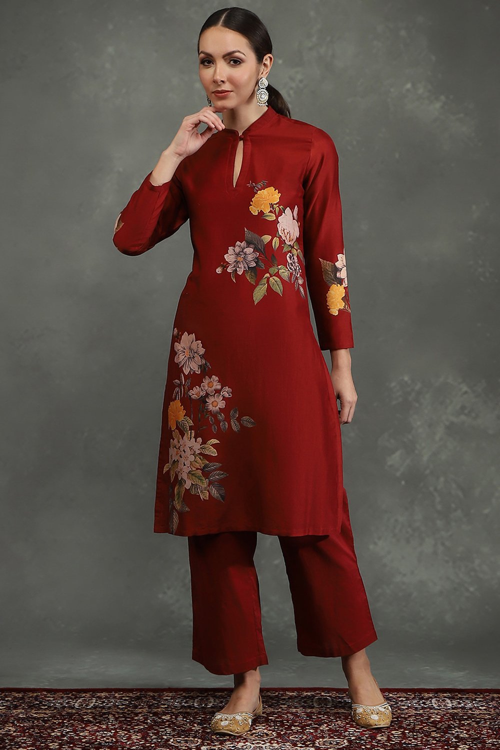 Rohit Bal Maroon Silk Chanderi Floral Printed Straight Kurta Set image number 6