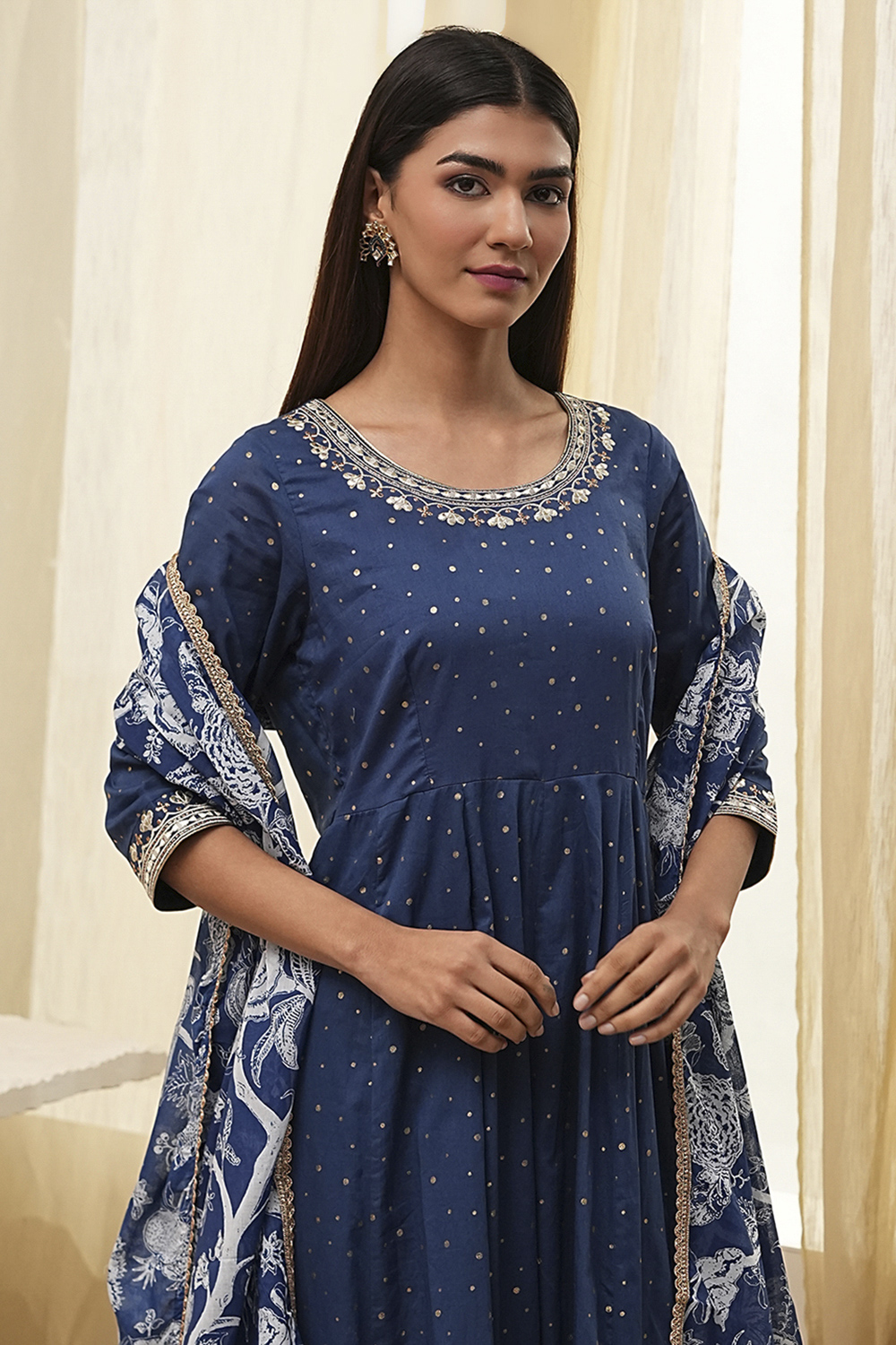 Blue Cotton Foil Printed Anarkali Suit Set image number 1