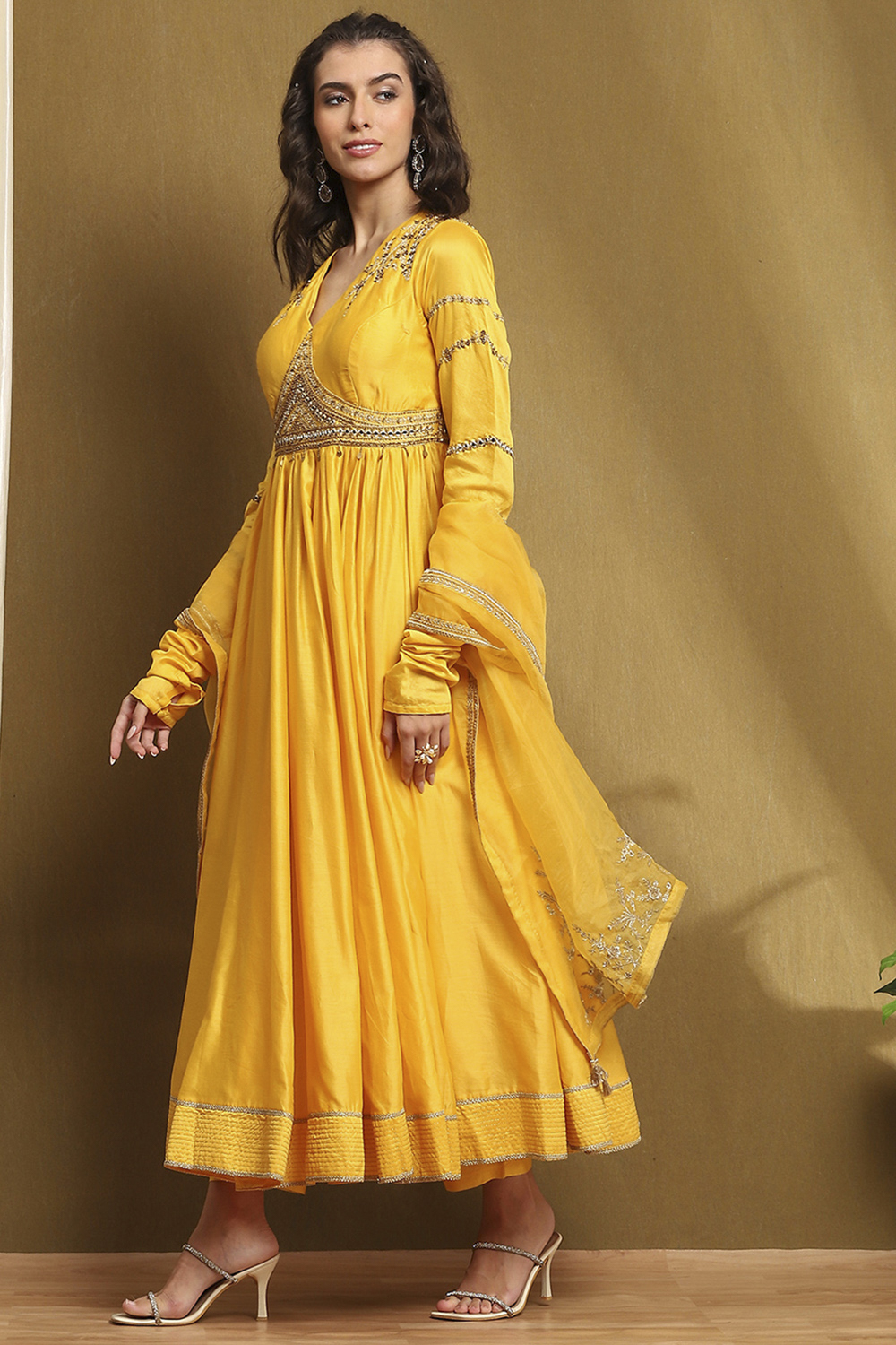 Yellow Silk Chanderi Anarkali Suit Set image number 3