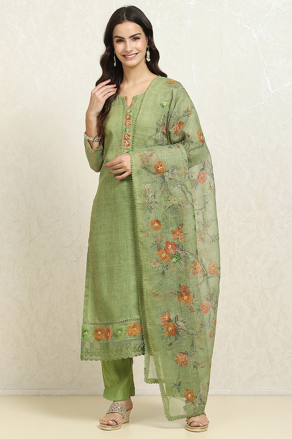 Grey Linen Blend Printed  Embroidered Unstitched Suit Set image number 7