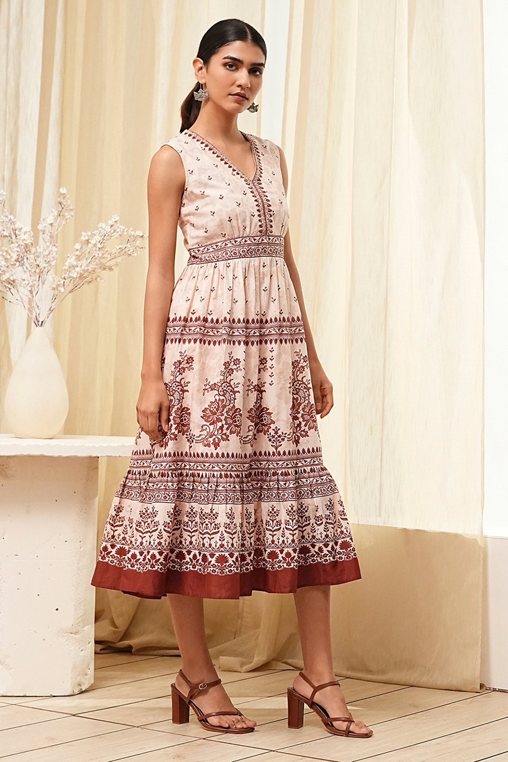 White-Rust Cotton Tiered Printed Dress image number 4