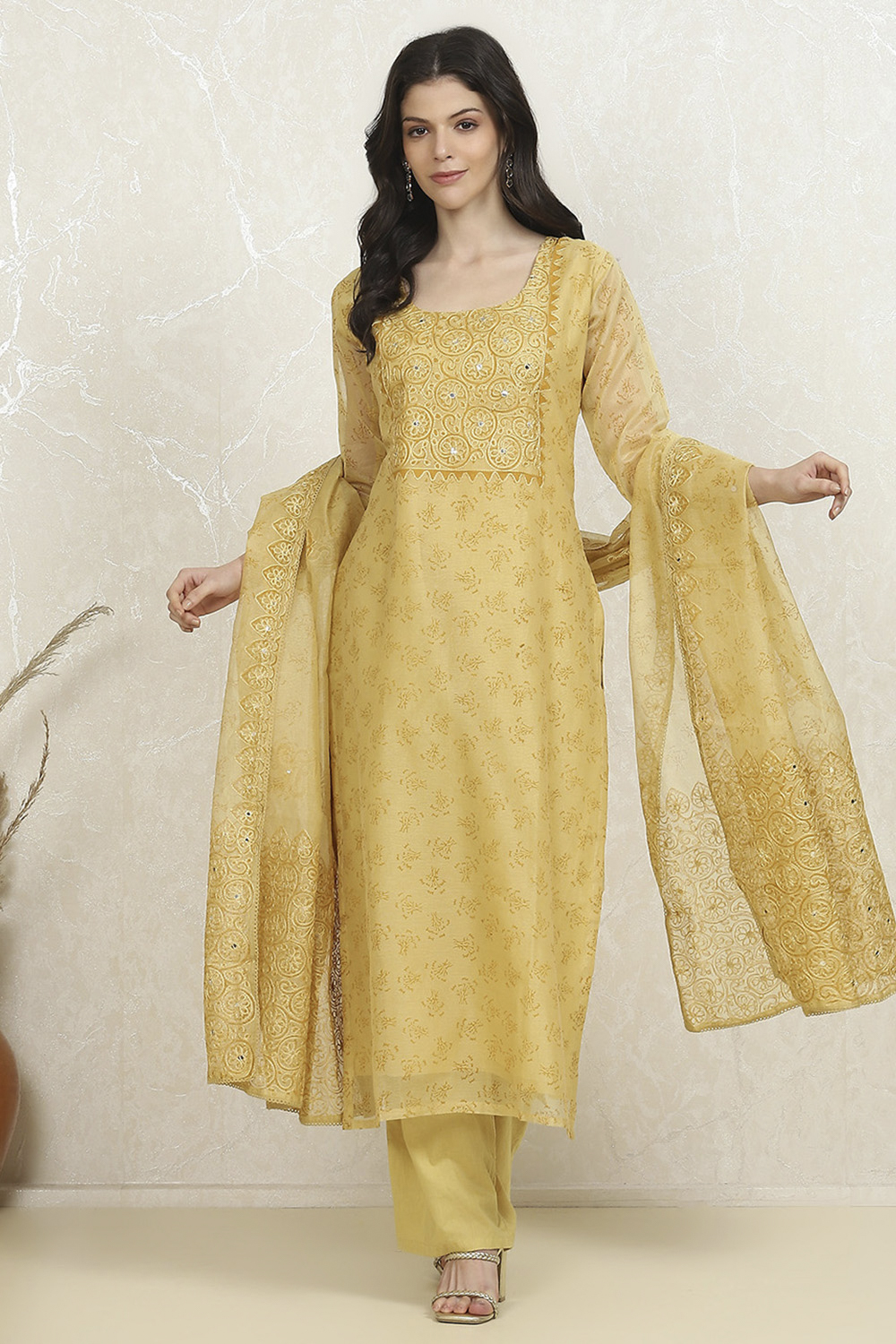 Mustard Net Hand Embroidered Unstitched Suit Set image number 1