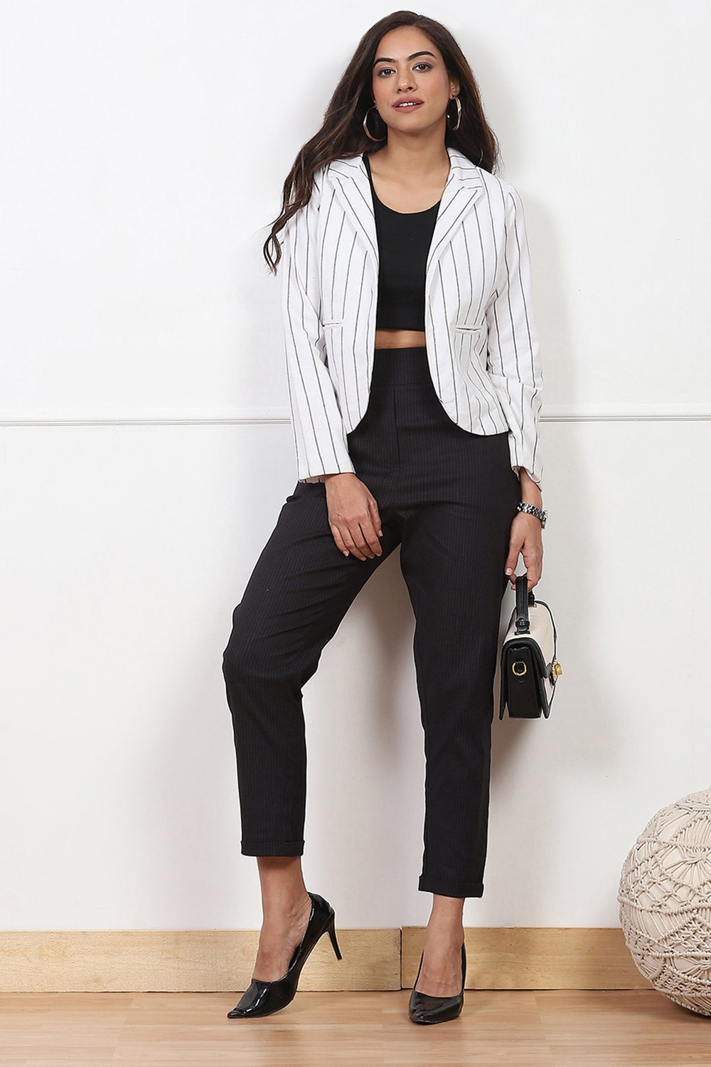 Black Striped Tapered Relaxed Fit Pants image number 0