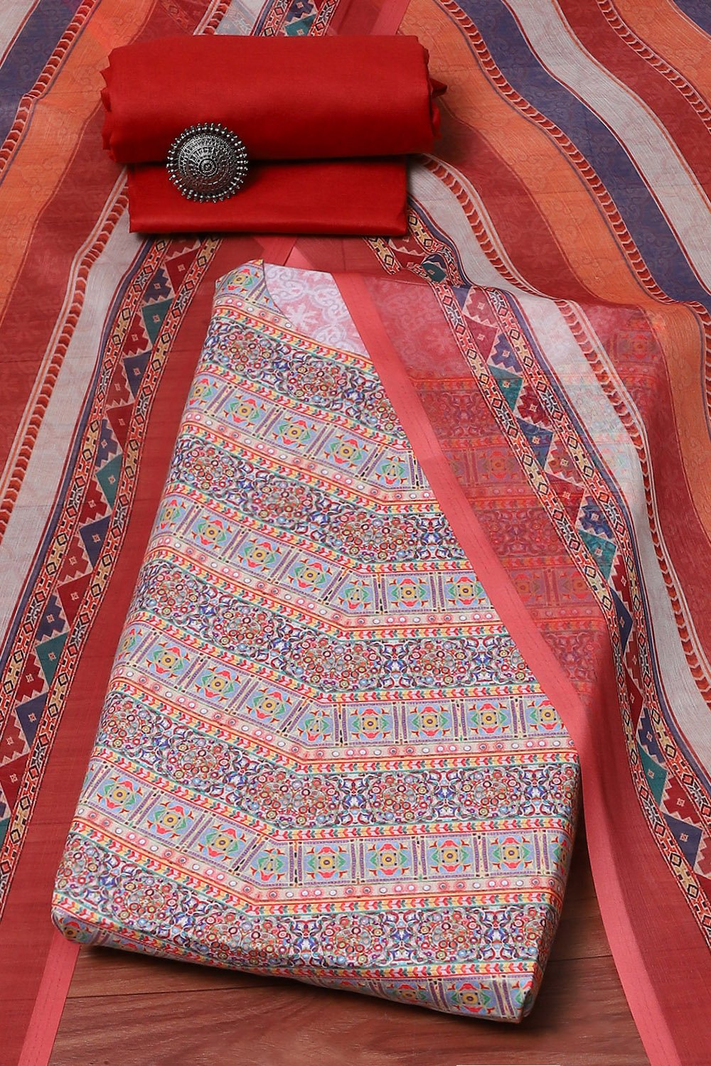 Red Cotton Blend Digital Print Unstitched Suit Set image number 0