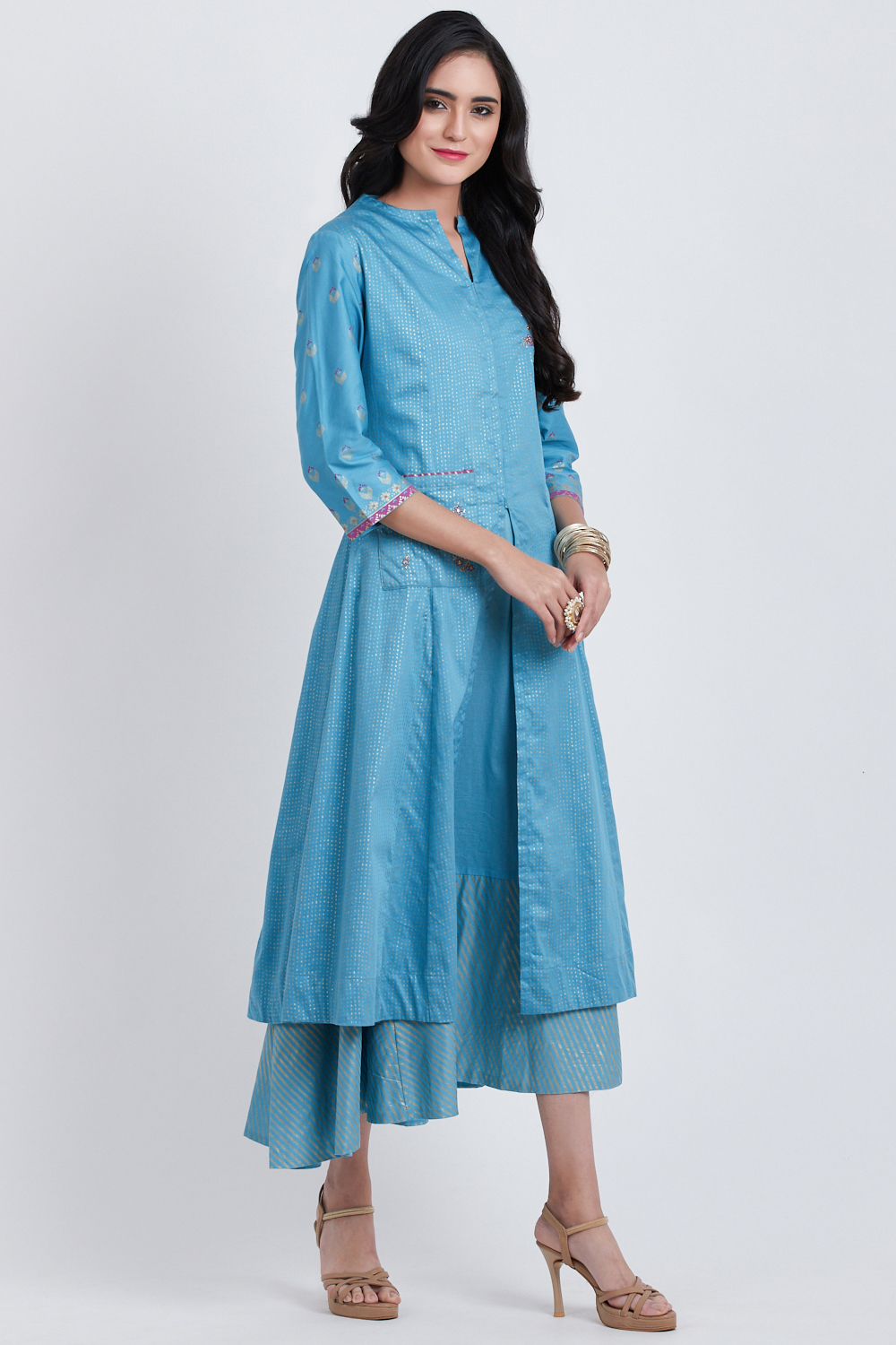 Blue Cotton Front Open Printed Kurta image number 3