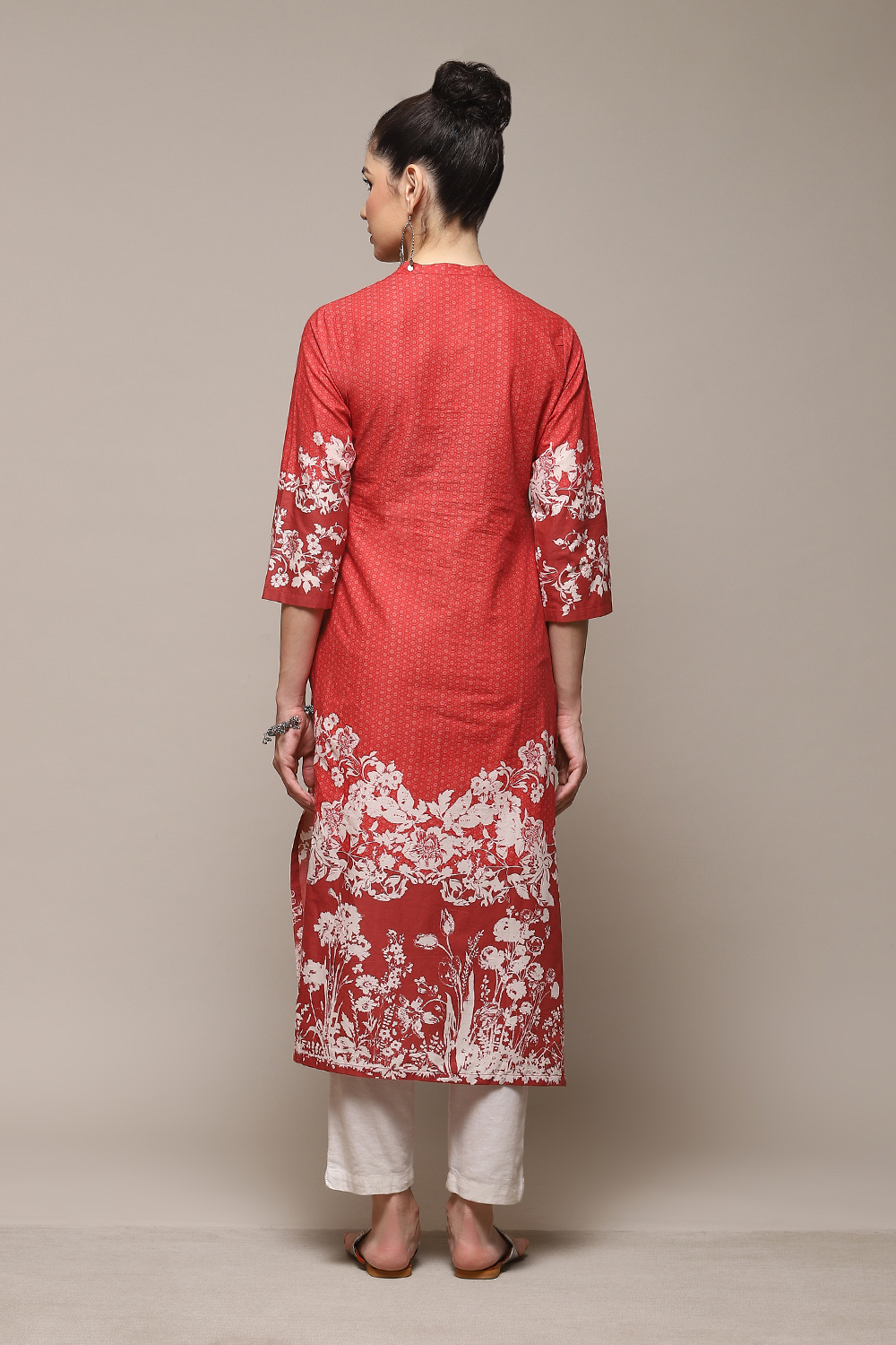 Red Cotton A-Line Printed Kurta image number 4