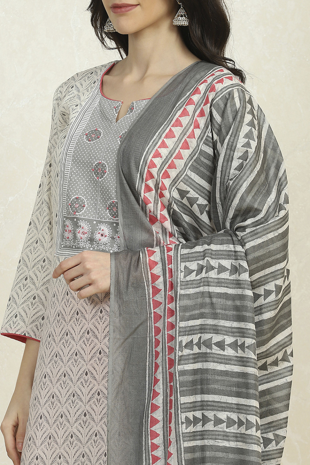 Grey Cotton Printed Embroidered Unstitched Suit Set image number 2