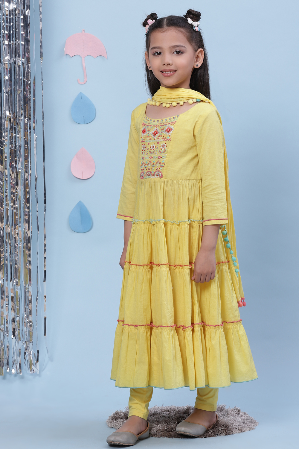 Yellow Lycra Anarkali Kurta Churidar Suit Set image number 5