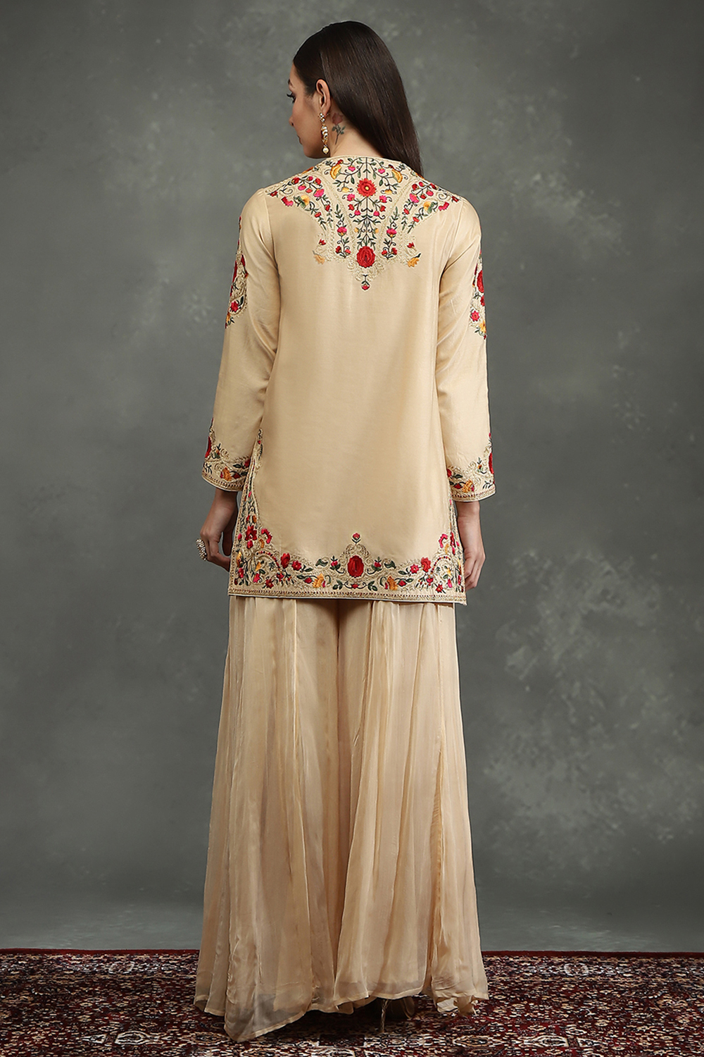 Rohit Bal Beige Silk Chanderi Floral Straight Suit Set image number 4