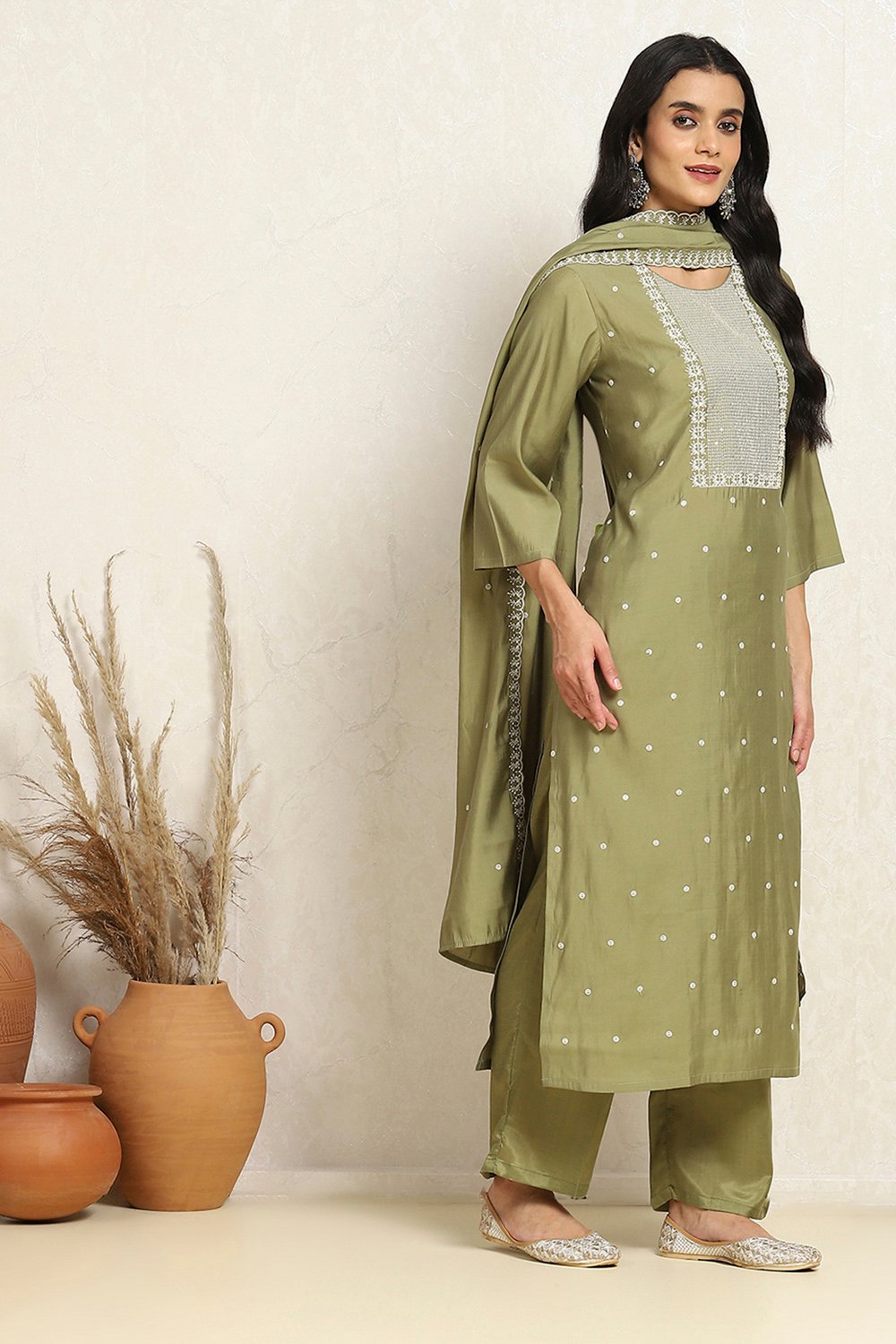 Green Silk Blend Machine Embroidered Unstitched Suit Set image number 6