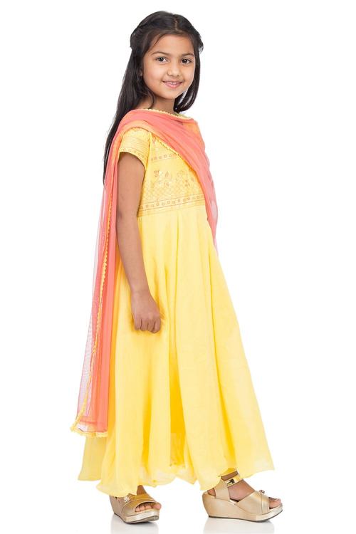 Yellow Cotton Anarkali Suit image number 1