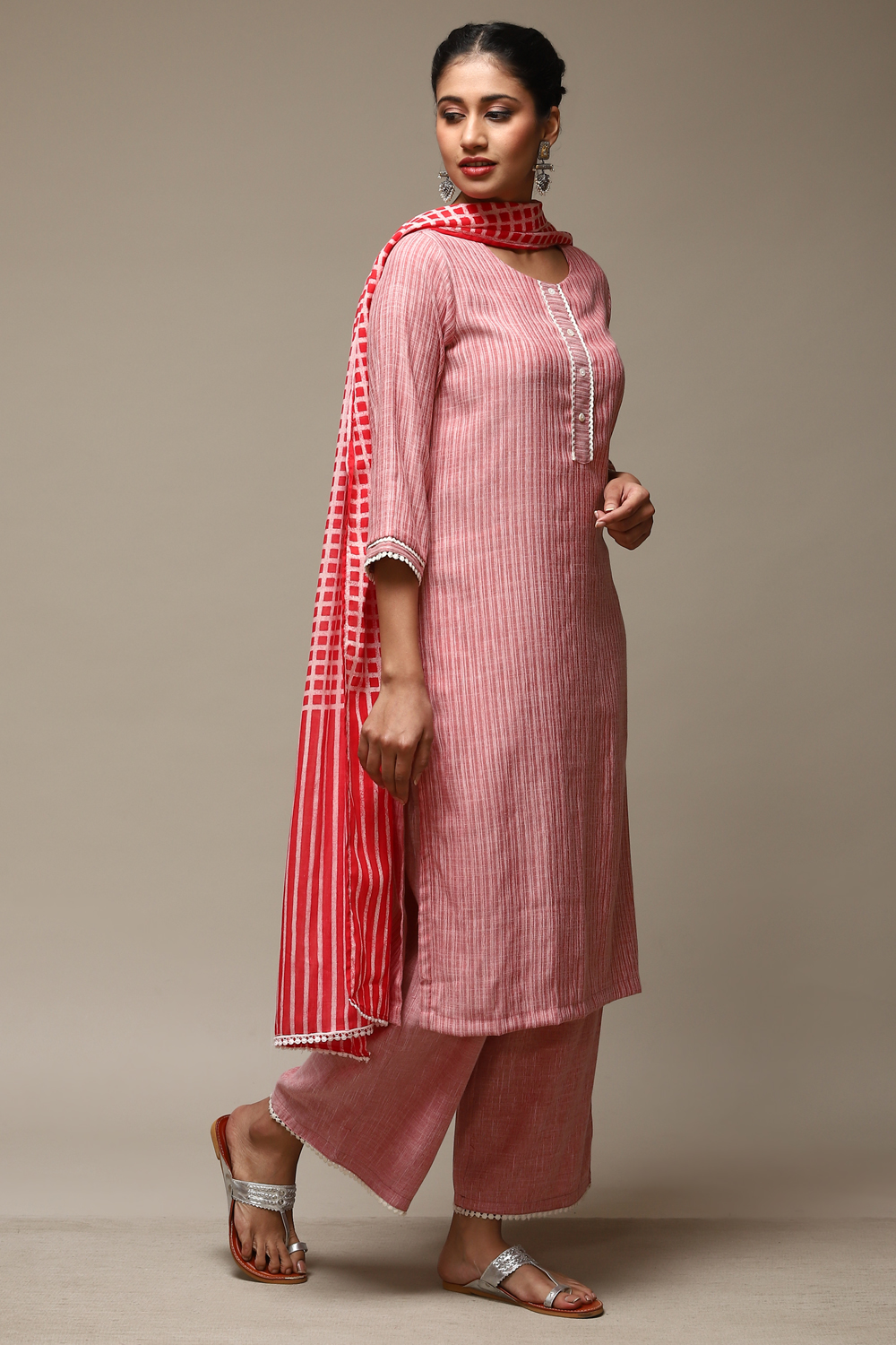 Red Cotton Blend Straight Kurta Palazzo Suit Set image number 6