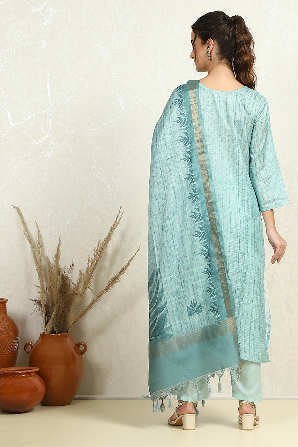 Teal Tussar Printed Unstitched Suit Set image number 4