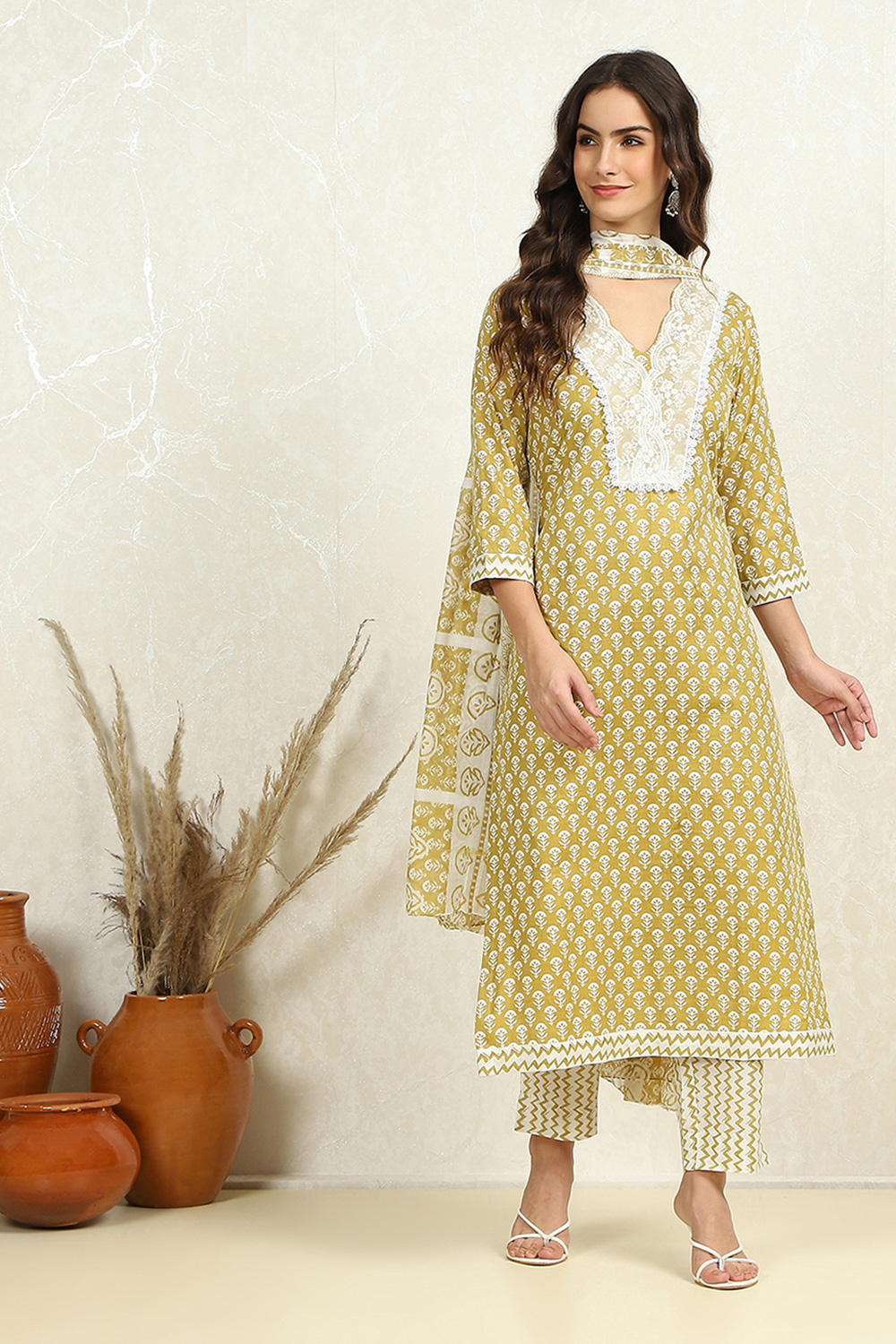 Green and White Cotton Printed Unstitched Suit Set  image number 5