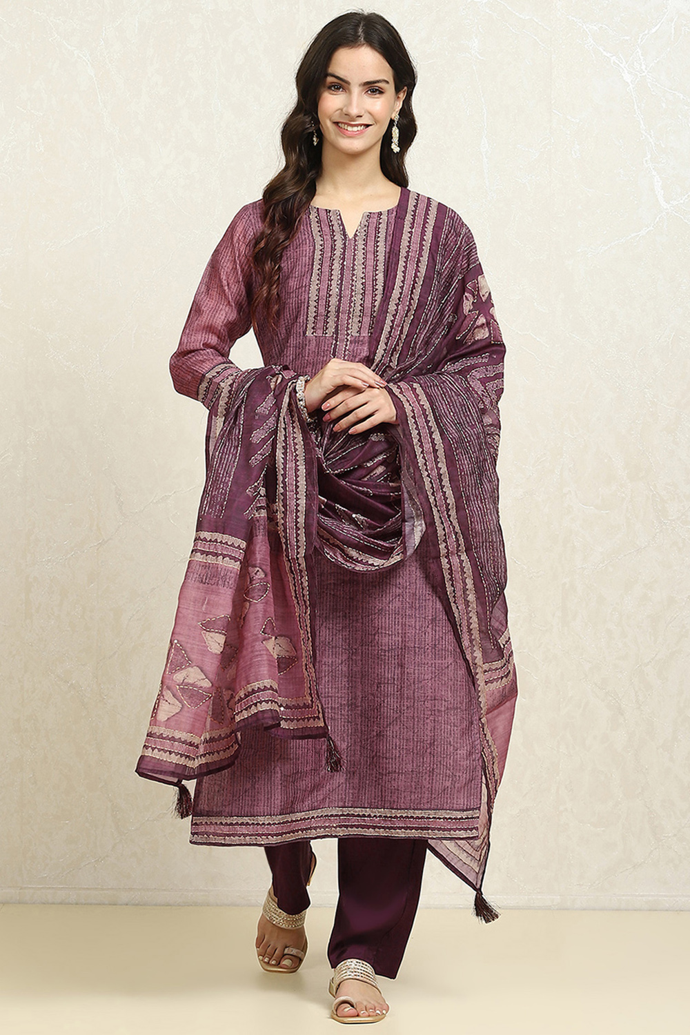 Grey Chanderi Blend Hand Embroidered Unstitched Suit Set image number 1