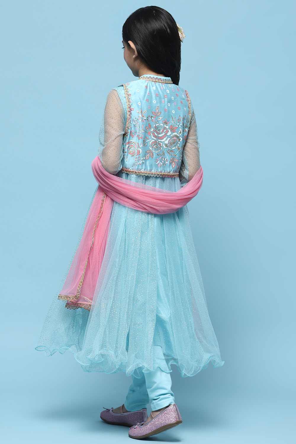 Sky Blue Anarkali Suit With Khadi Print Chanderi Jacket  image number 5