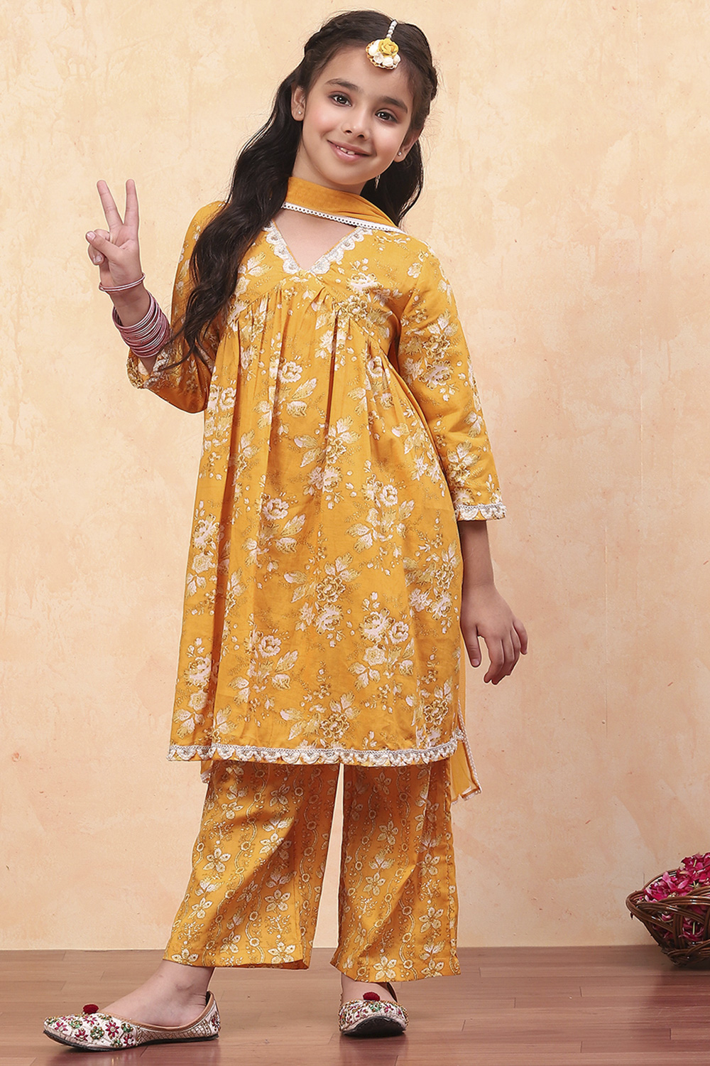 Yellow Cotton Floral Printed Festive Gathered Suit Set image number 0