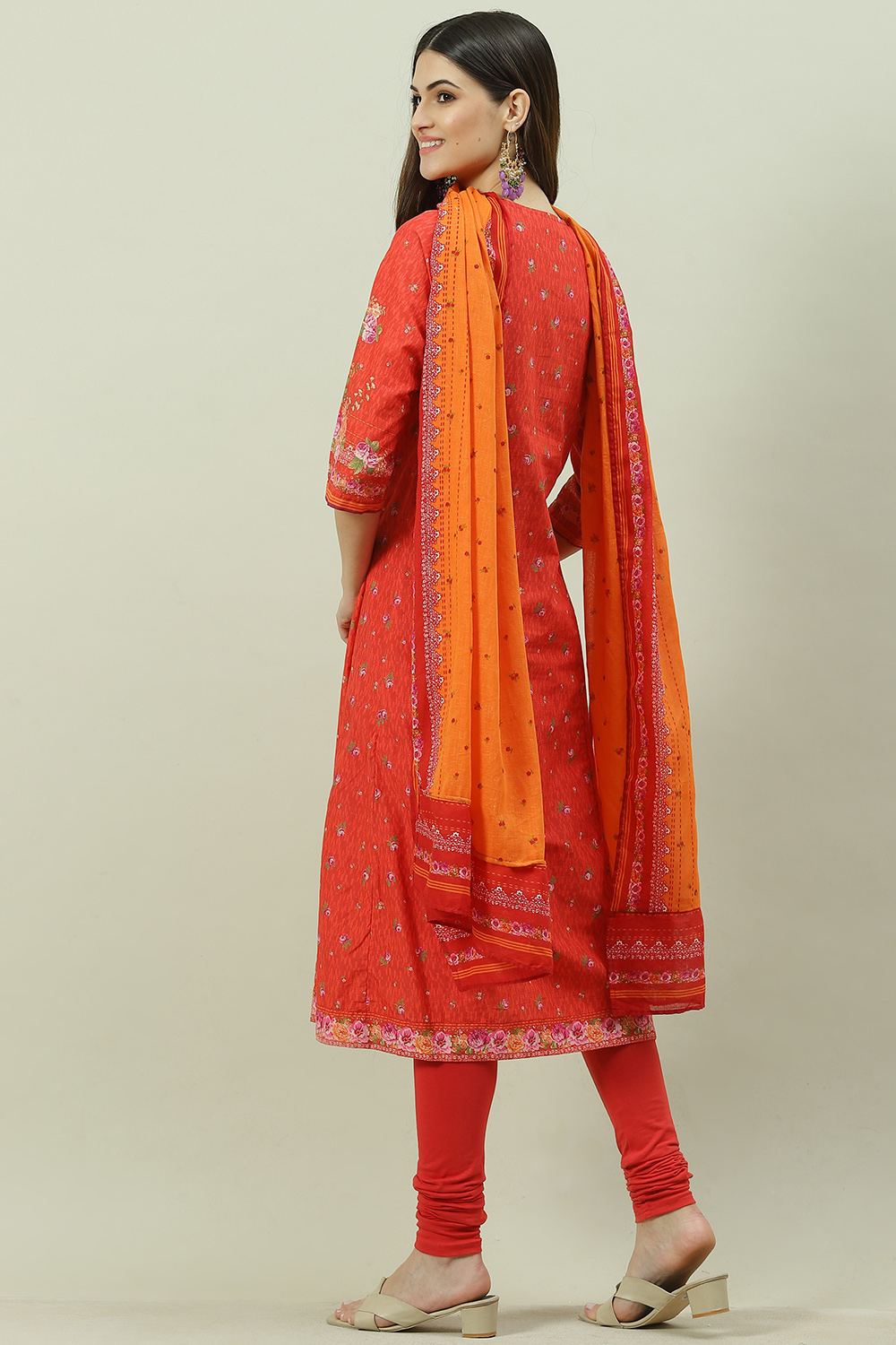 Red Printed Cotton Kalidar Kurta Legging Suit Set image number 4