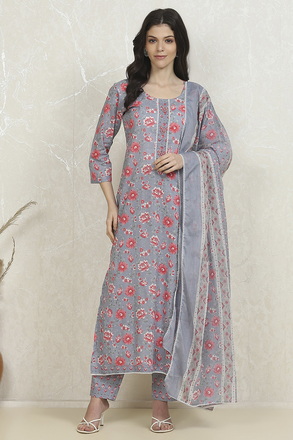 Grey Cotton Printed Unstitched Suit Set image number 7