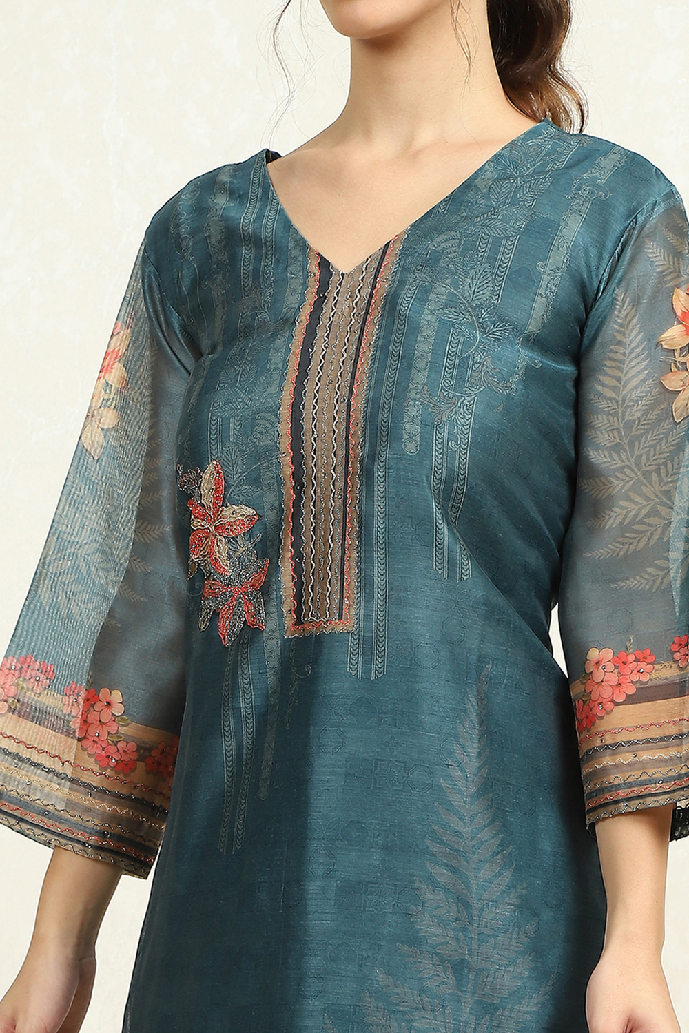 Blue Chanderi Floral Printed Unstitched Suit Set image number 7