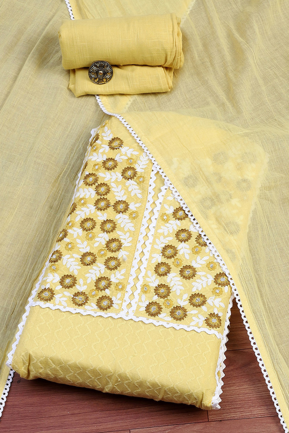 Yellow Cotton Handloom Unstitched Suit Set image number 0