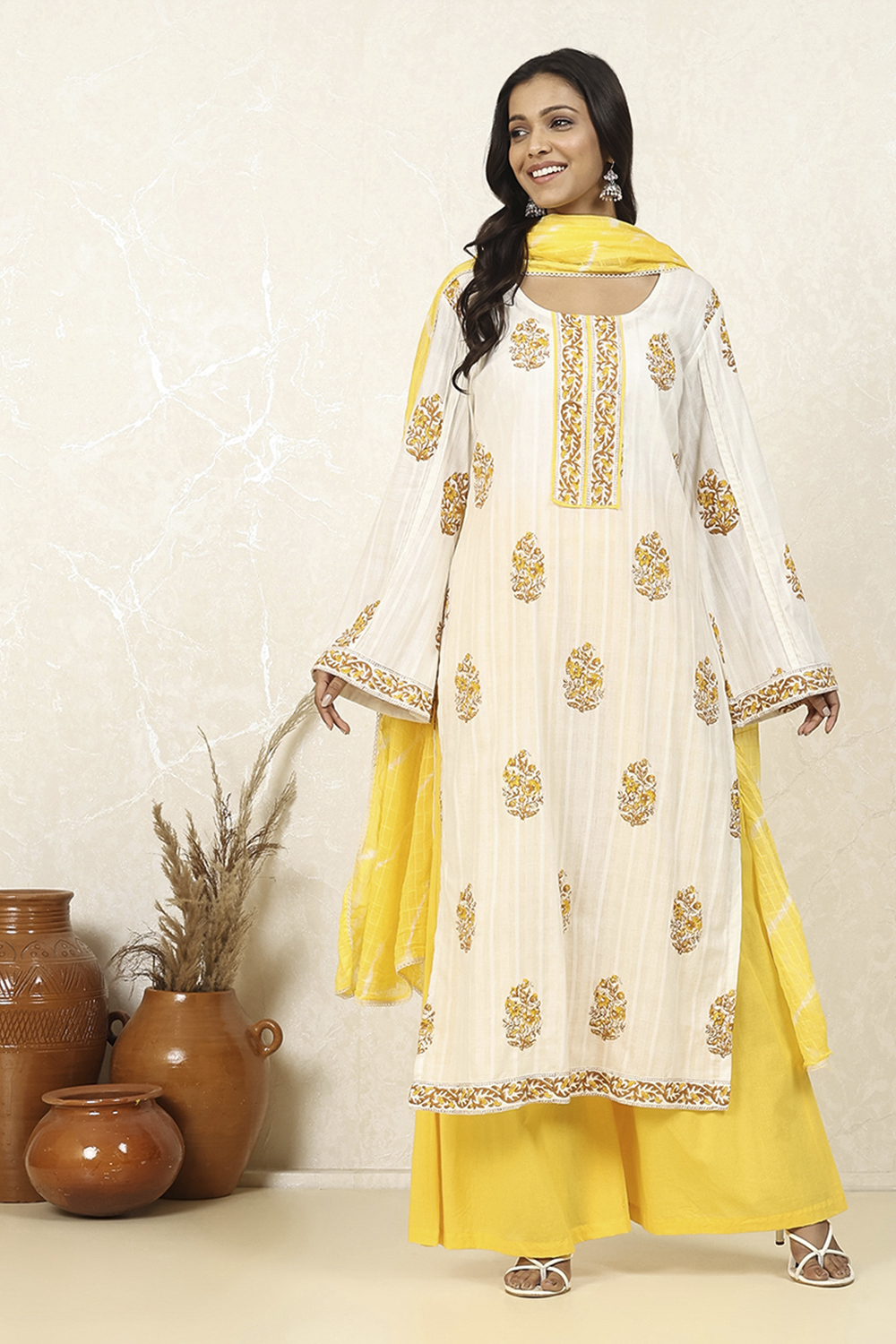 Mustard Cotton Hand Block Print Unstitched Suit Set image number 1