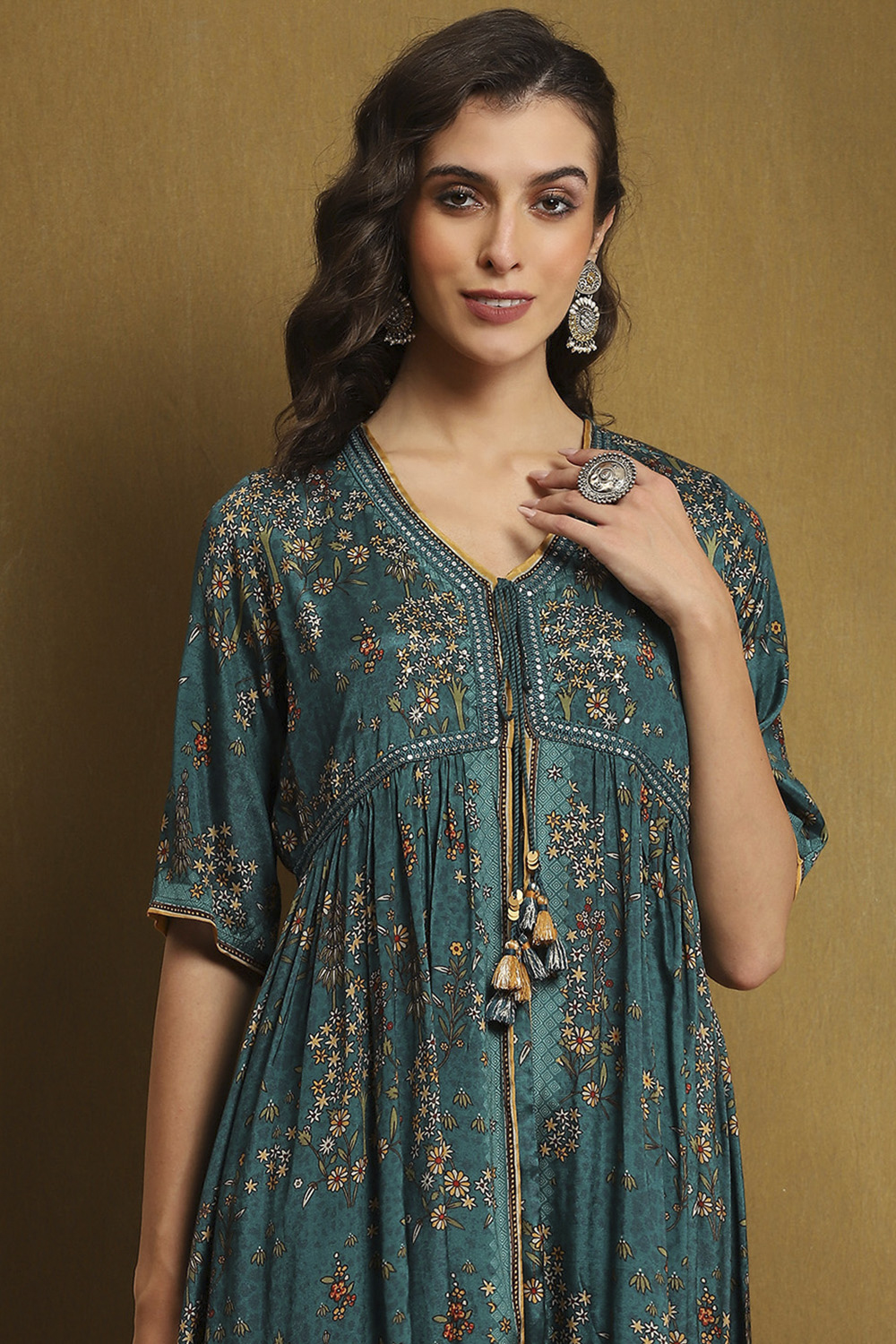 Teal Green Shantoon Flared Kurta image number 1