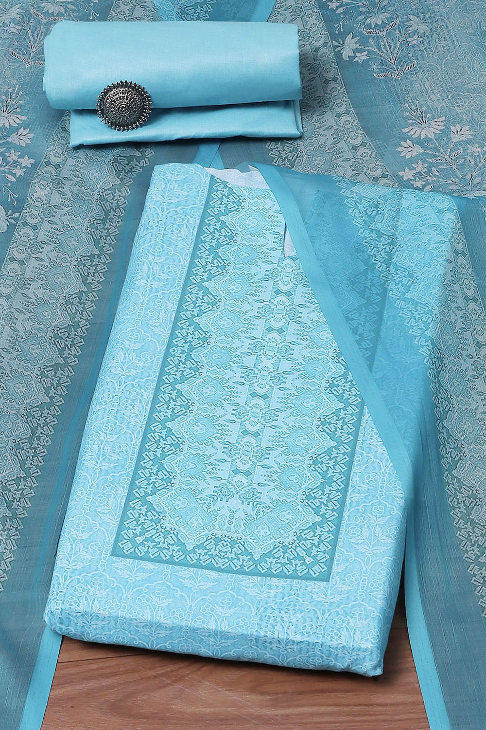 Blue Cotton Blend Digital Print Unstitched Suit Set image number 0