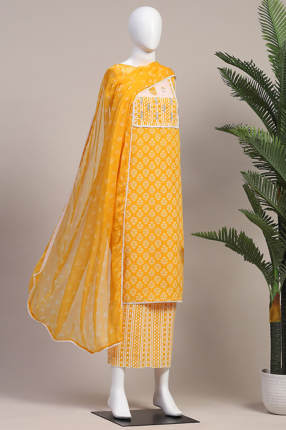 Yellow Cotton Hand Block Embroider Unstitched Suit Set image number 4