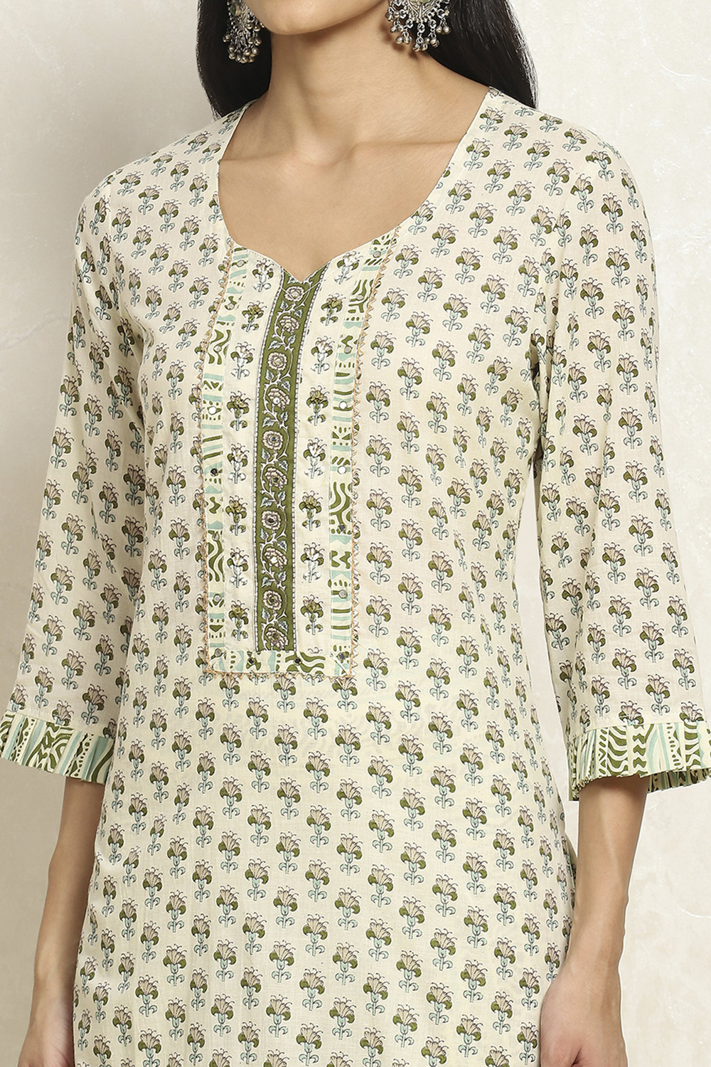 White and Green Cotton Printed Unstitched Suit Set image number 2