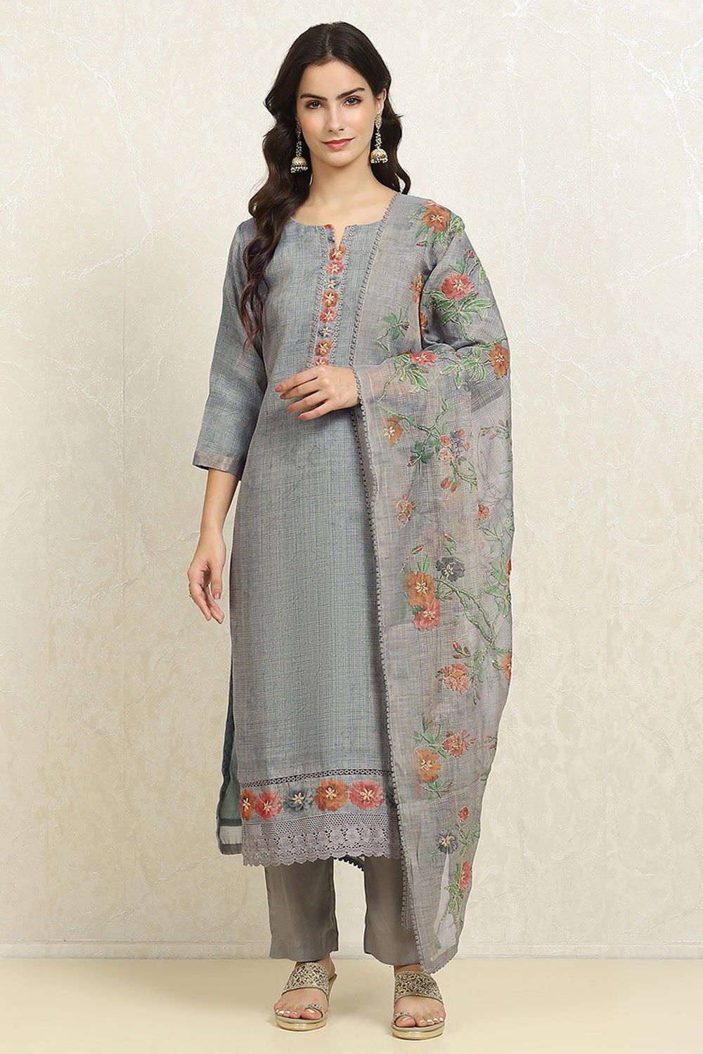 Grey Linen Blend Printed  Embroidered Unstitched Suit Set image number 7